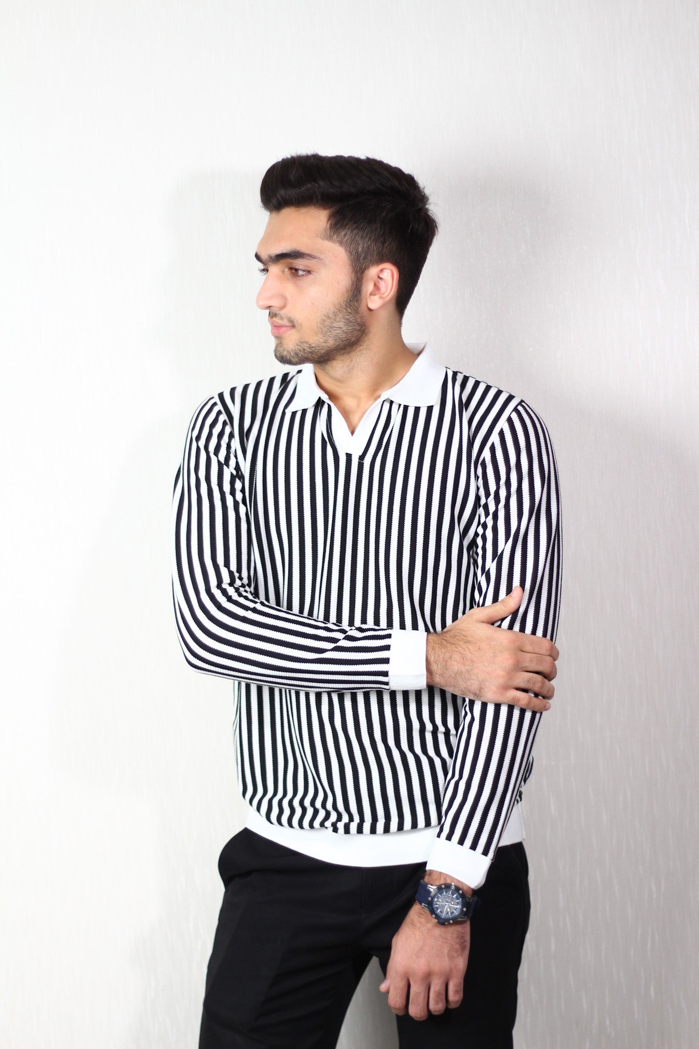 Monochrome Vertical Stripe Polo Knit