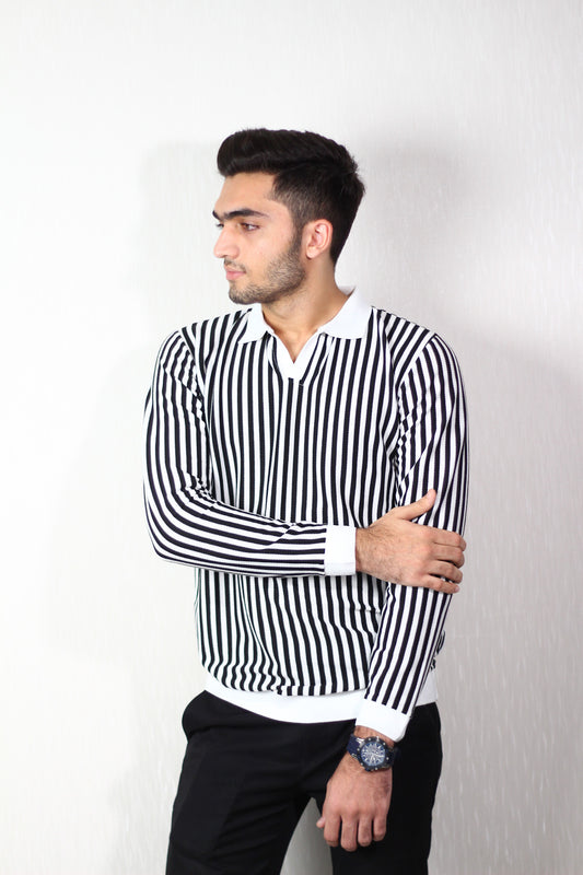 Monochrome Vertical Stripe Polo Knit